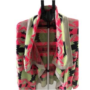 Aztec Geometric Print Open Front Cardigan Sweater Neon Pink Lime Gray Women
